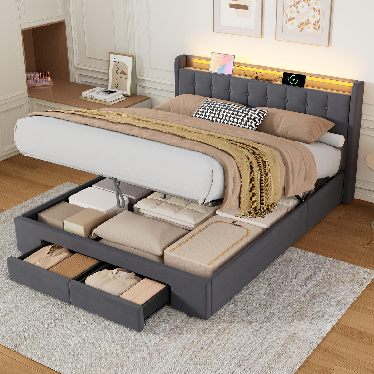 POLSTERBETT 160/200 cm in Grau, mit Matratze, Bettkasten, USB, LED, Stauraum und Schubladen - Grau, Holzwerkstoff/Textil (160/200cm) - WISHDOR