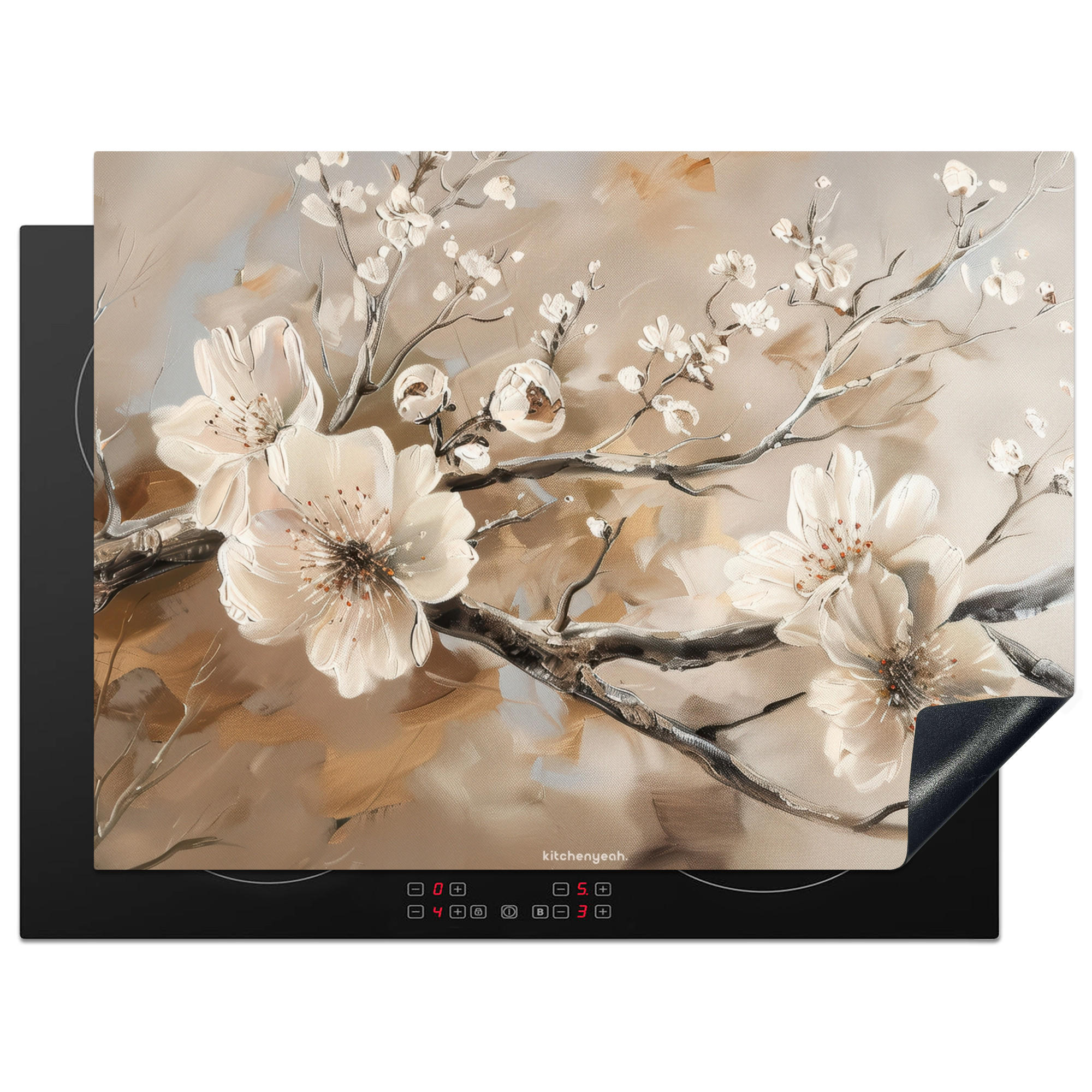 MuchoWow KRYT NA INDUKČNÍ DESKU Květiny - abstraktní - malované - béžové 71x52 cm