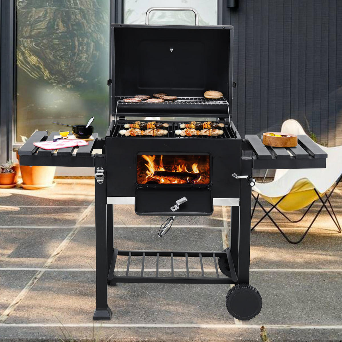 HOLZKOHLEGRILL aus Karbonstahl in Schwarz Tragbarer Outdoor BBQ 2 Seitentischen Temperaturbereich: 100-800°F 138cm B x 48.5cm T x 108cm H - Schwarz, Metall (138/108/48.5cm) - Livingandhome