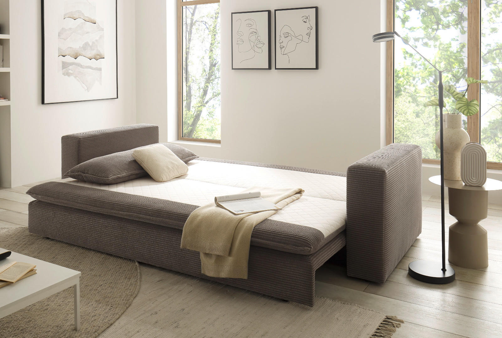 SCHLAFSOFA braun Cord, Sofa 3-Sitzer mit Bettfunktion 244 cm - Beige/Braun, Holz/Textil (244/83/91cm) - Furn.Design