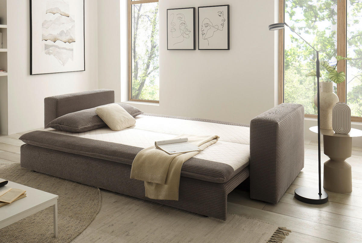 SCHLAFSOFA braun Cord, Sofa 3-Sitzer mit Bettfunktion 244 cm - Beige/Braun, Holz/Textil (244/83/91cm) - Furn.Design