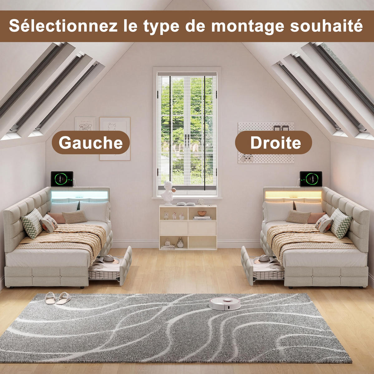 TAGESBETT 90x200 cm mit 2 Schubladen und LED - Gepolstertes Einzelbett aus Leinen mit USB-Anschluss und Lattenrost - Kinder- und Jugendbett - Beige - Beige, Holzwerkstoff (90/200cm) - Brevoria