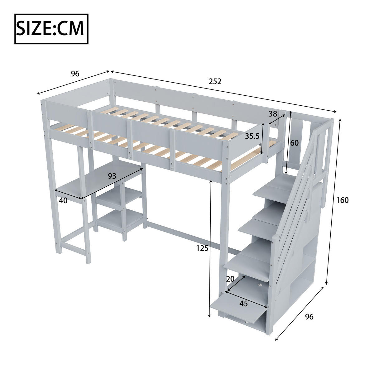 HOCHBETT 90/200 cm DE-01427, in Grau, mit Stauraumtreppe und Ablage - Grau, Holz (90/200cm) - ComfortXL