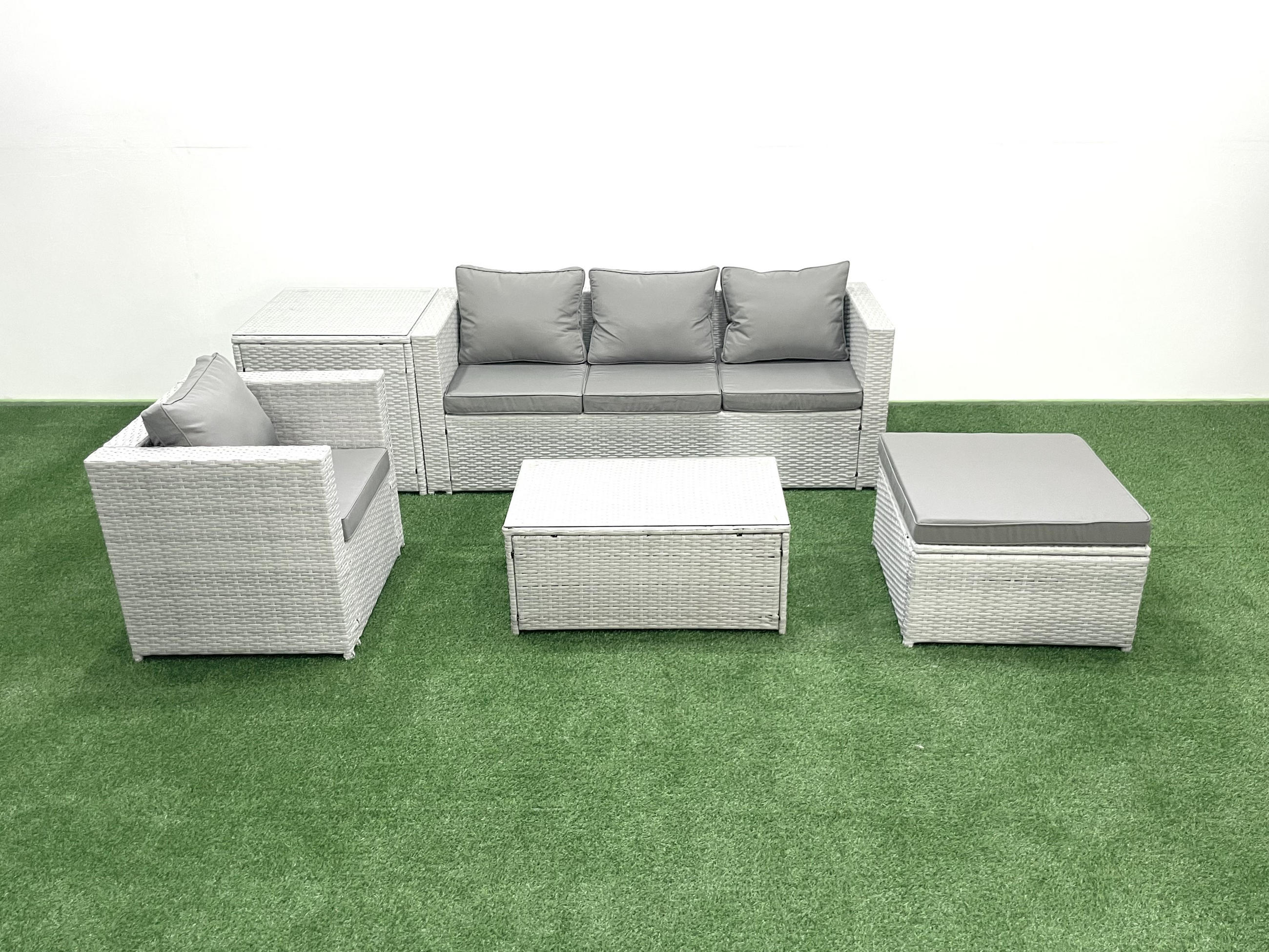 GARTENSET mit 3-SITZER SOFA,COUCHTISCH Polyrattan Hellgrau-Mix 5-Sitzer - Hellgrau/Grau, Glas/Kunststoff - Fimous