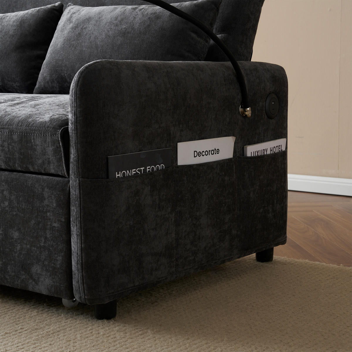 SCHLAFSOFA klappbar mit Rückenlehne, Handyhalter und USB - Grau, Textil (129/81/76cm)