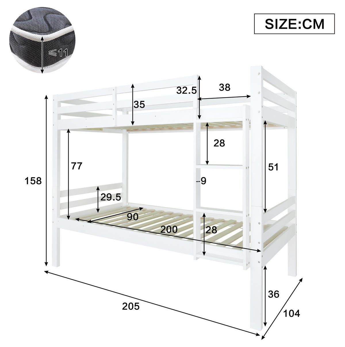 ETAGENBETT 90x200 cm aus Kiefer in Weiß – teilbar in 2 Einzelbetten - Weiß, Holzwerkstoff (90/200cm) - BEAOK