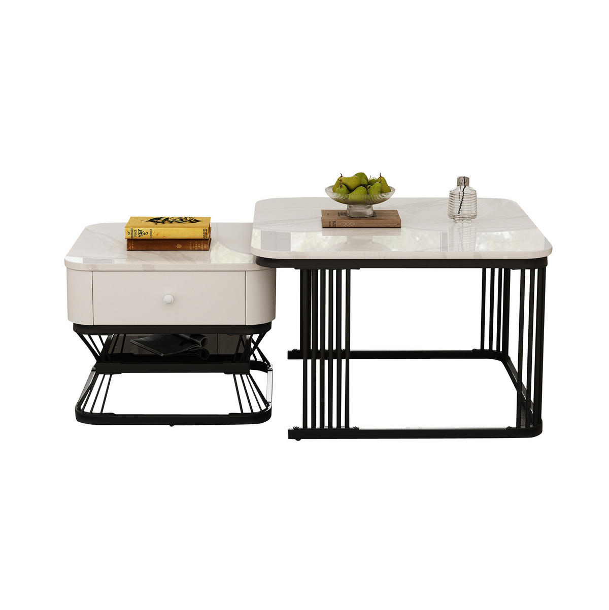 SADA konferenčních stolků 70/70/45 cm bílá/černá z MDF a kovu se zásuvkou - bílá, sklo (70/70/45cm) - OKWISH