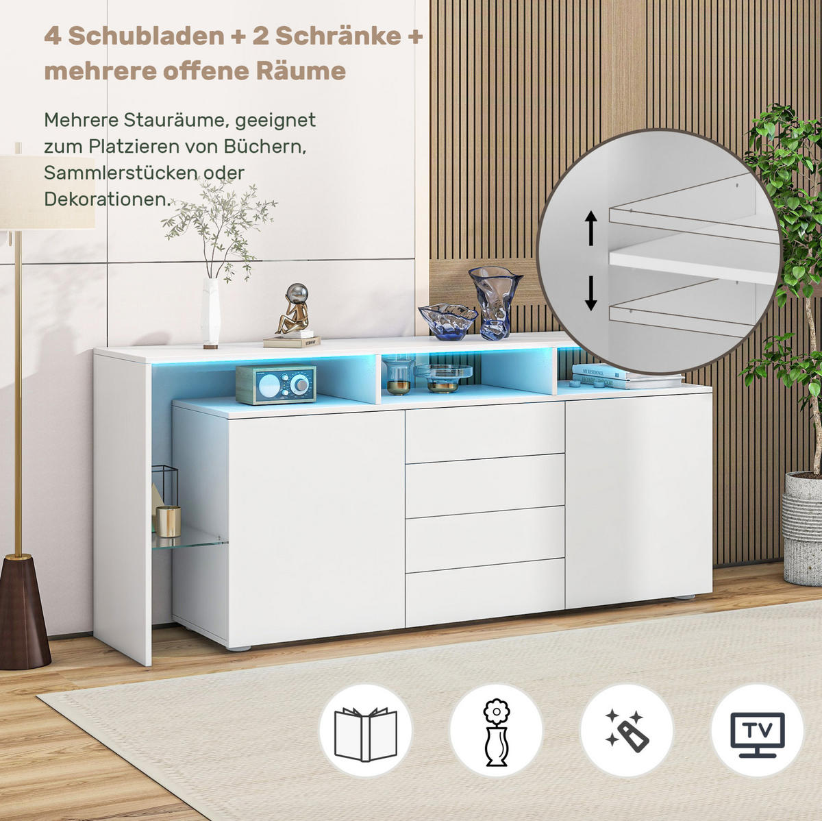 LOWBOARD 160/35/70 cm mit LED, 2 Türen & 4 Schubladen in Weiß Hochglanz - Weiß, Holzwerkstoff (160/70/35cm) - BEAOK