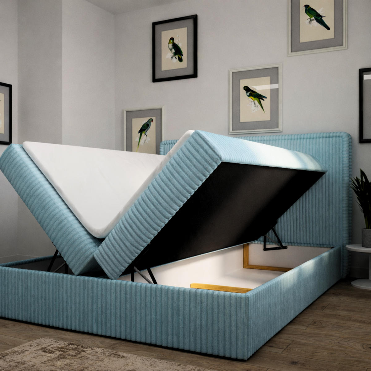 BOXBETT 04 180 x 200 cm - Ambience – Modernes Polsterbett mit Bettkasten, Topper und gepolstertem Kopfteil, Stoffbezug, Stauraumbett - Hellblau, Holz (180/200cm) - ROYAL24_MARKT