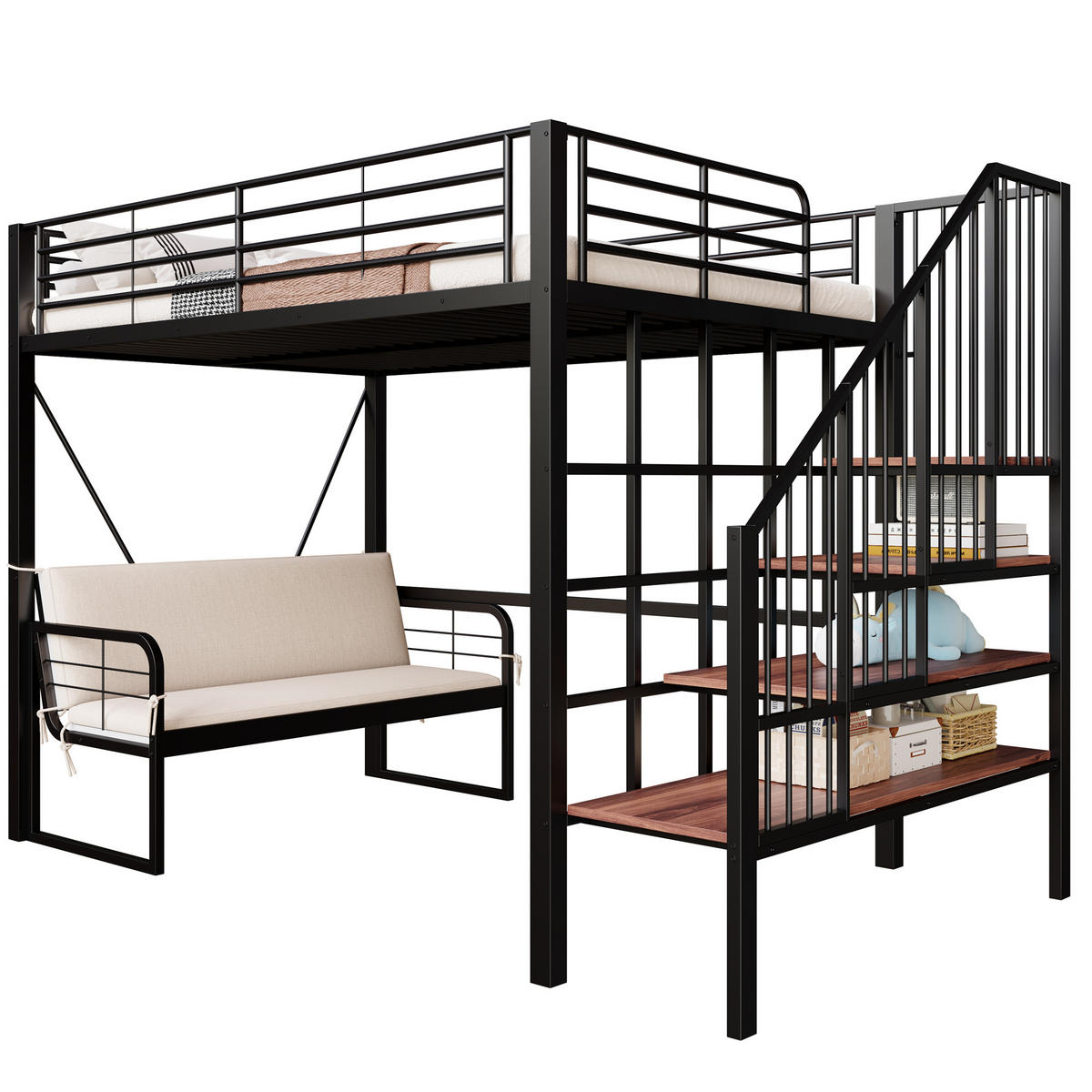 HOCHBETT 140/200 cm DE-01525, in Schwarz, mit Polstersofa, Stauraum und Sicherheitstreppe - Schwarz, Metall (140/200cm) - ComfortXL
