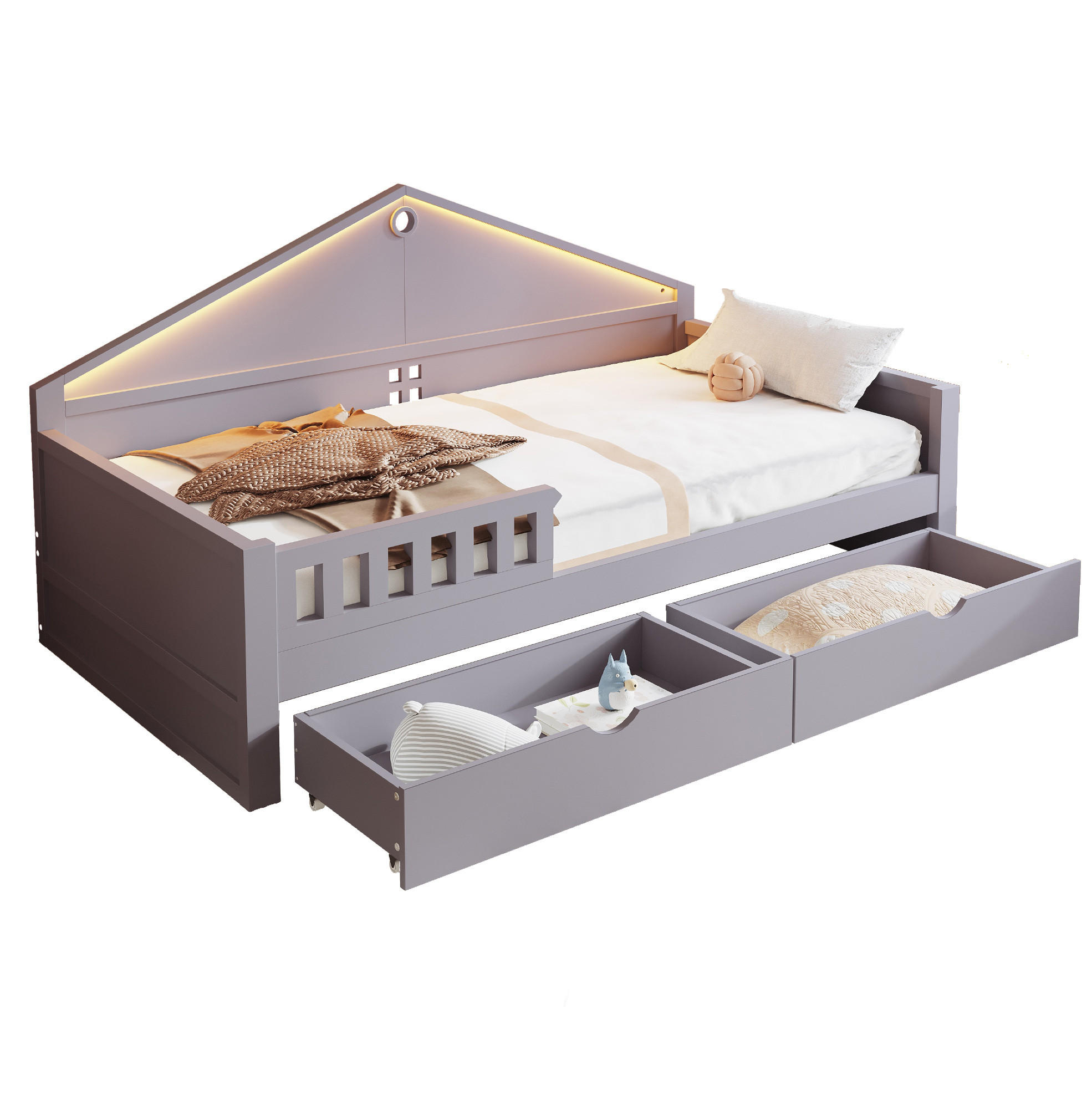 KINDEREINZELBETTEN aus Holz und MDF 90x200 cm in Grau mit LED & 2 Schubladen - Grau, Holz (90/200cm) - Modfu