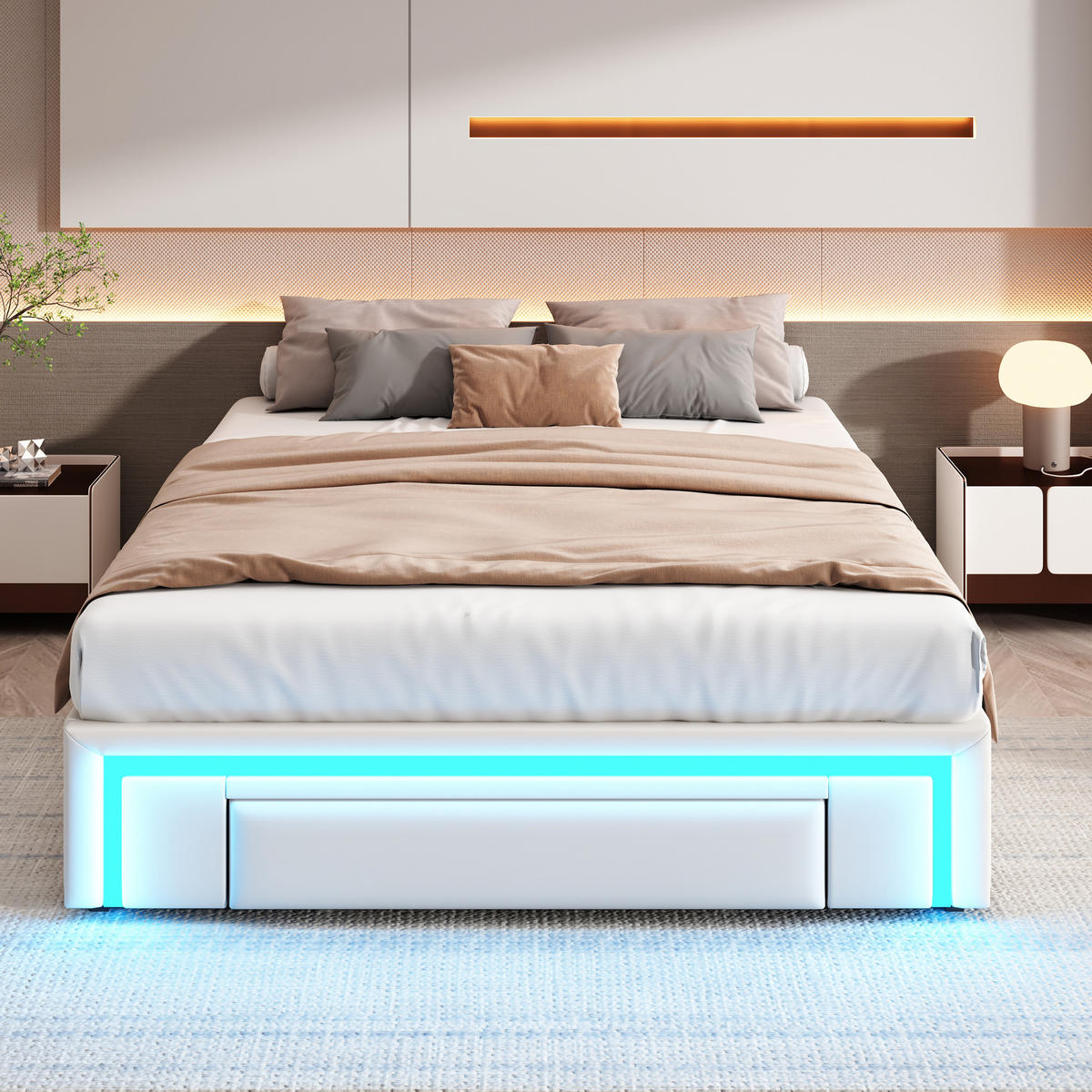 BETTGESTELL 140/200 cm beige mit Schubladen und LED-Beleuchtung - Beige, Kunststoff (140/200cm) - OKWISH