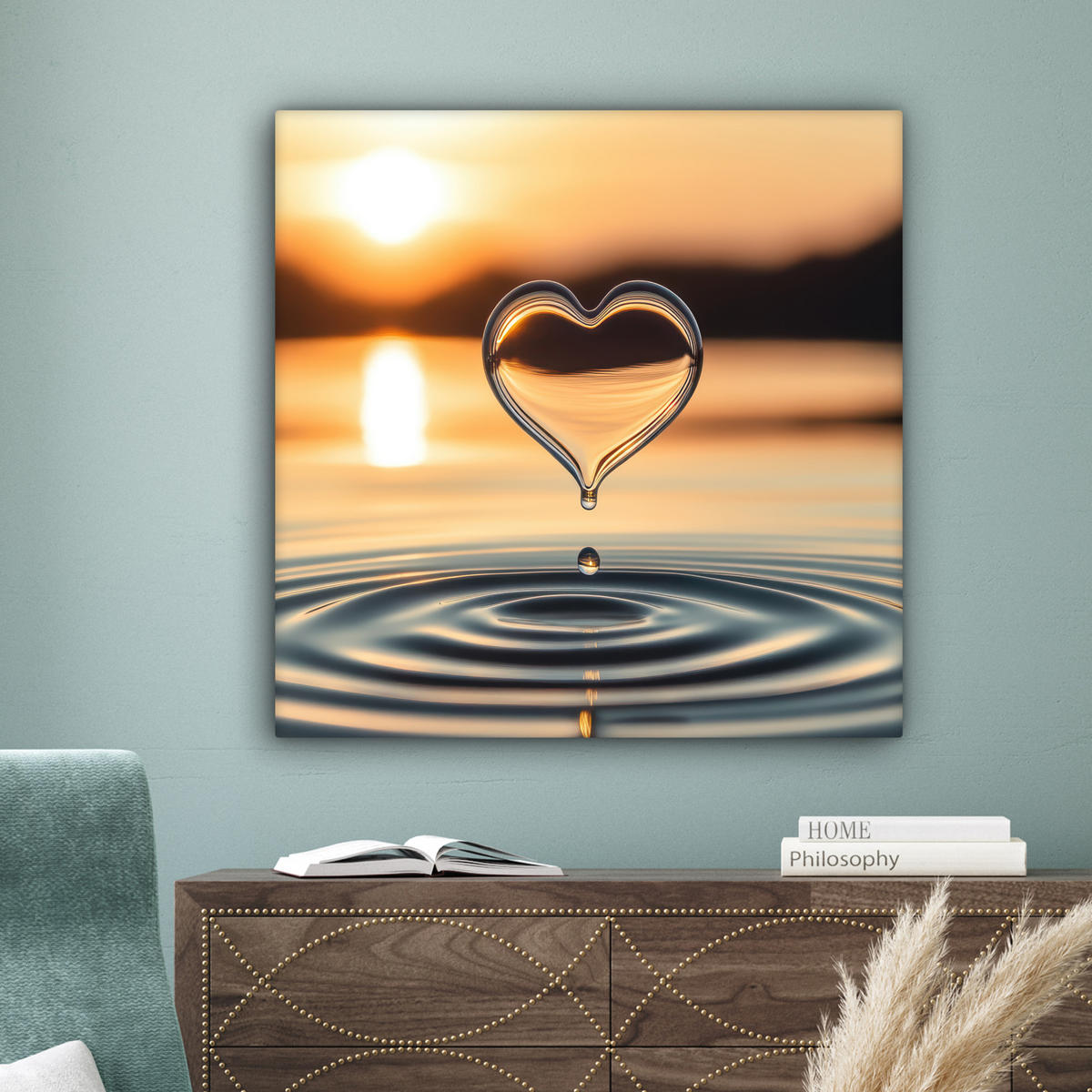 LEINWANDBILD - Herz - Wasser - Sonnenuntergang - Natur - Zen - 90x90 - Gemälde - Bernsteinfarben, Textil (90/90cm) - MuchoWow