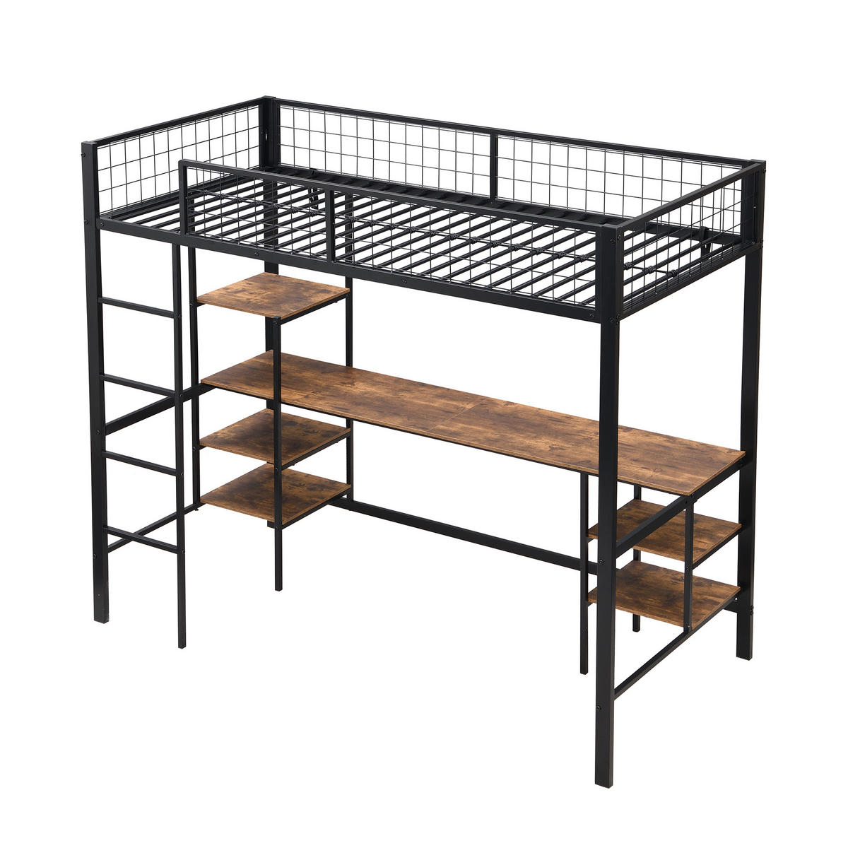 ETAGENBETT 90/200 cm in Schwarz & Dunkler Holzfarbe mit Tisch und Regal aus Metall & Holzwerkstoff - Schwarz, Holzwerkstoff/Metall (90/200cm) - CHICFURN