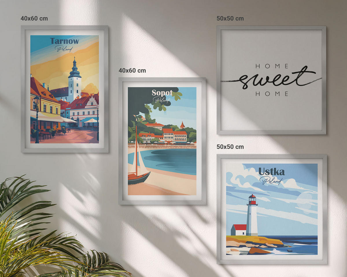 BILDER SET 4er Set - 50x50 cm & 40x60 cm Silberner Rahmen - Polnische Städte Ustka Tarnów Sopot - Silberfarben, Kunststoff (50/50cm) - TULUP