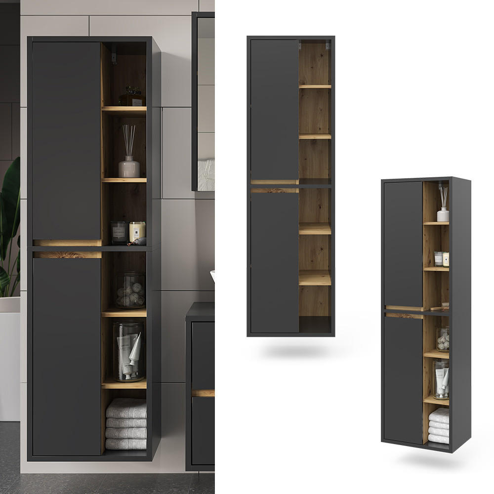 BADSCHRANK Viola Anthrazit 50 x 170 cm mit Türen, und offenen Fächern - Anthrazit/Eiche Artisan, Holzwerkstoff (50/170/33cm) - Vicco