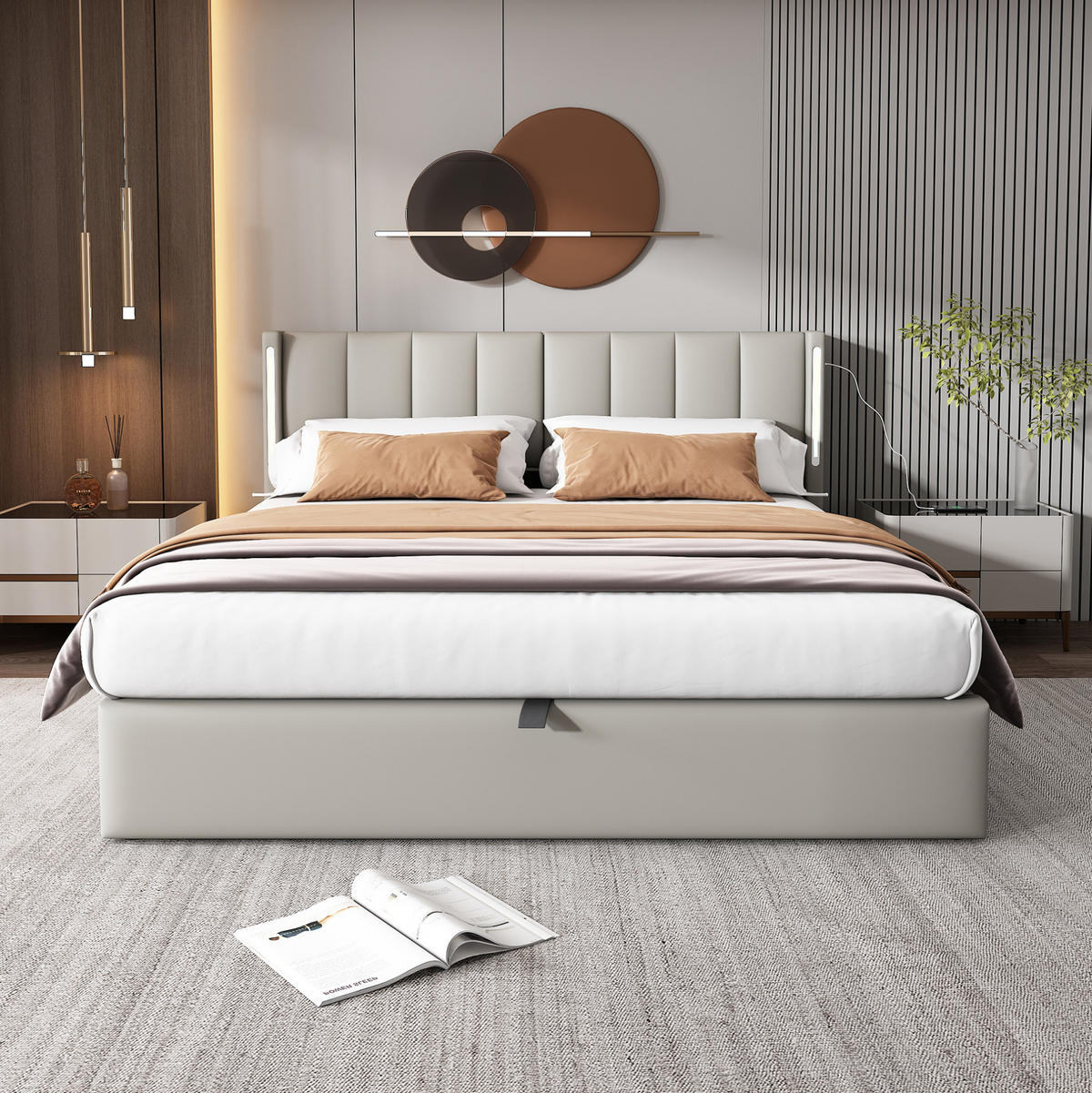 TAPECIRANI krevet 180/200 cm s LED osvjetljenjem, USB priključkom i spremištem, Siva - siva, plastika (180/200cm) - Redom