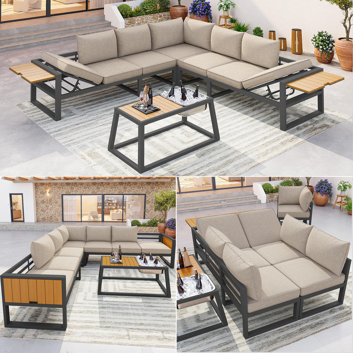 GARTENLOUNGE Grau Beige modular verstellbar Metall Eisbehälter Kissen - Beige, Metall - FLIEKS