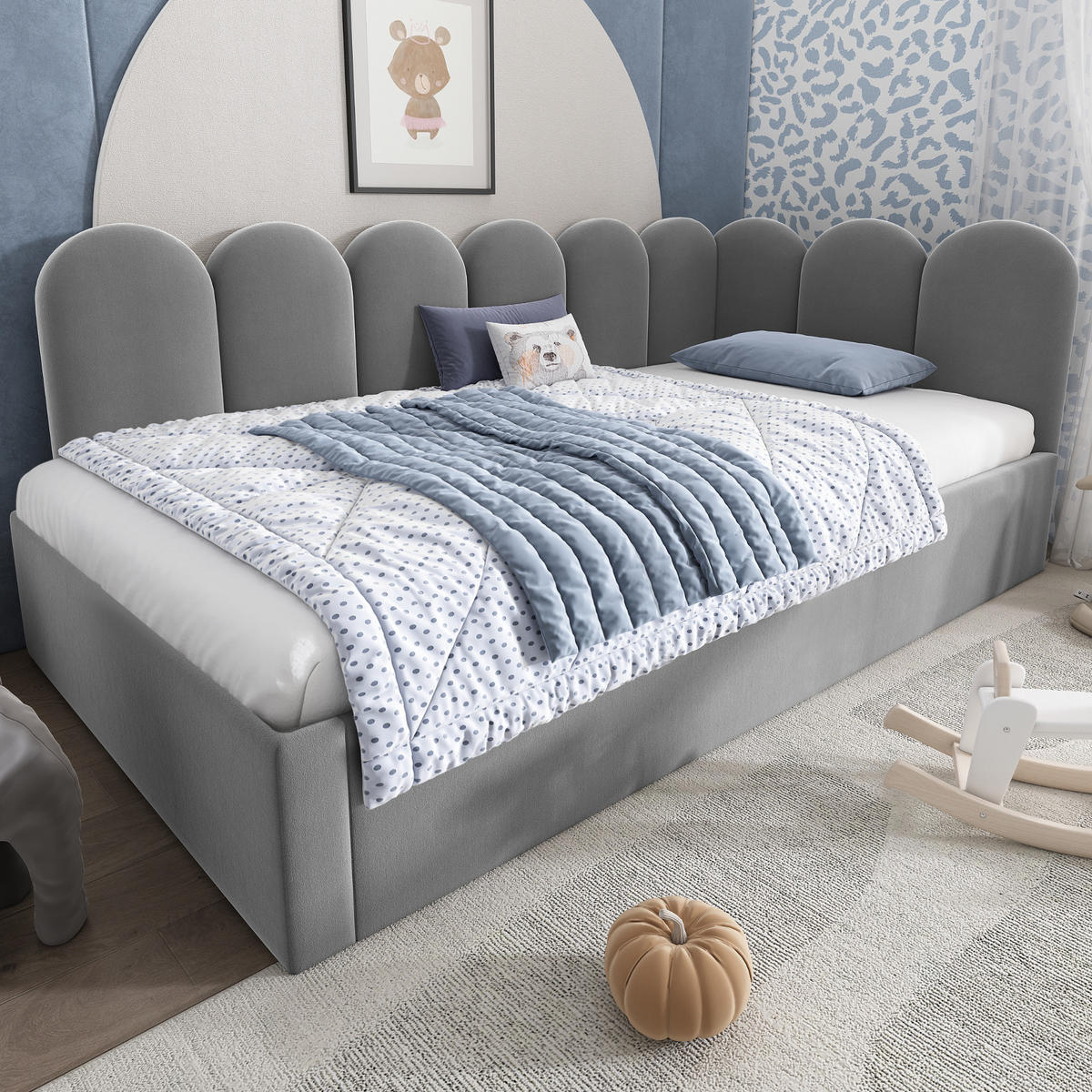 POSTEL 90/200 cm, samet šedá, s výsuvným lůžkem a lamelovým roštem - šedá, textil (90/200cm) - BEAOK