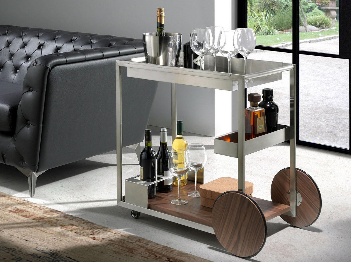 MINIBARWAGEN Stahl und Nussbaum 80/45/74 cm - Edelstahlfarben/Walnussfarben, Metall (80/74/45cm) - ANGEL CERDA