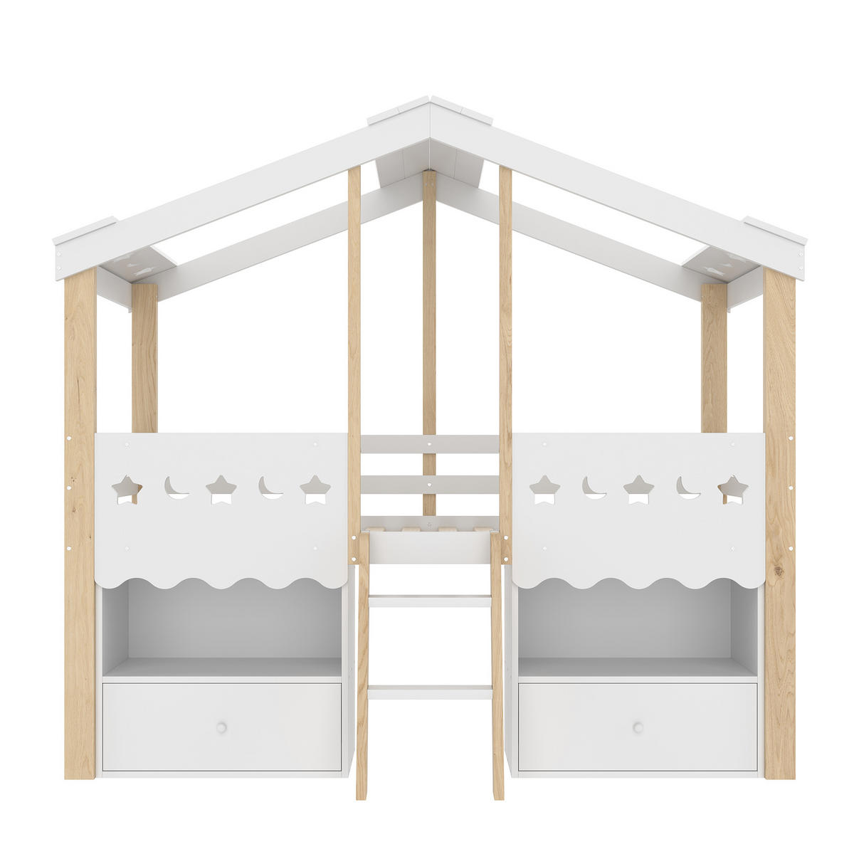HOCHBETT 90/200 cm Hausform mit 2 Schubladen und LED-Beleuchtung in Weiß + Natur - Weiß, Holz (90/200cm) - OKWISH