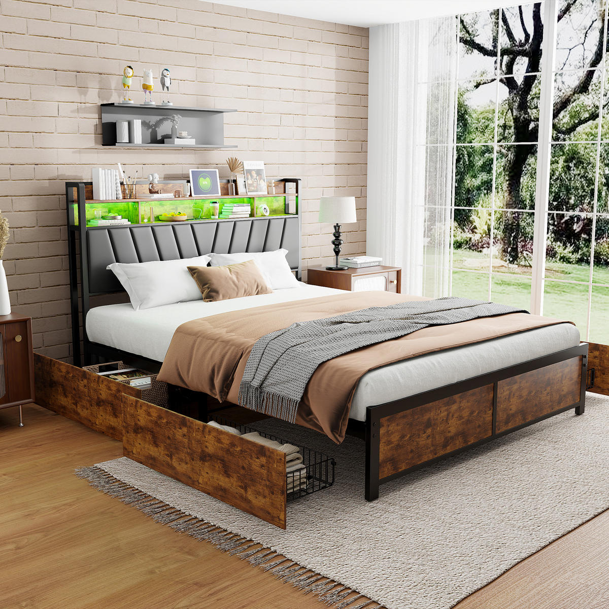 METALLBETT 160x200 cm LED USB Lattenrost PU Kopfteil schwarz - Schwarz, Holz (160/200cm) - LEBENLANG