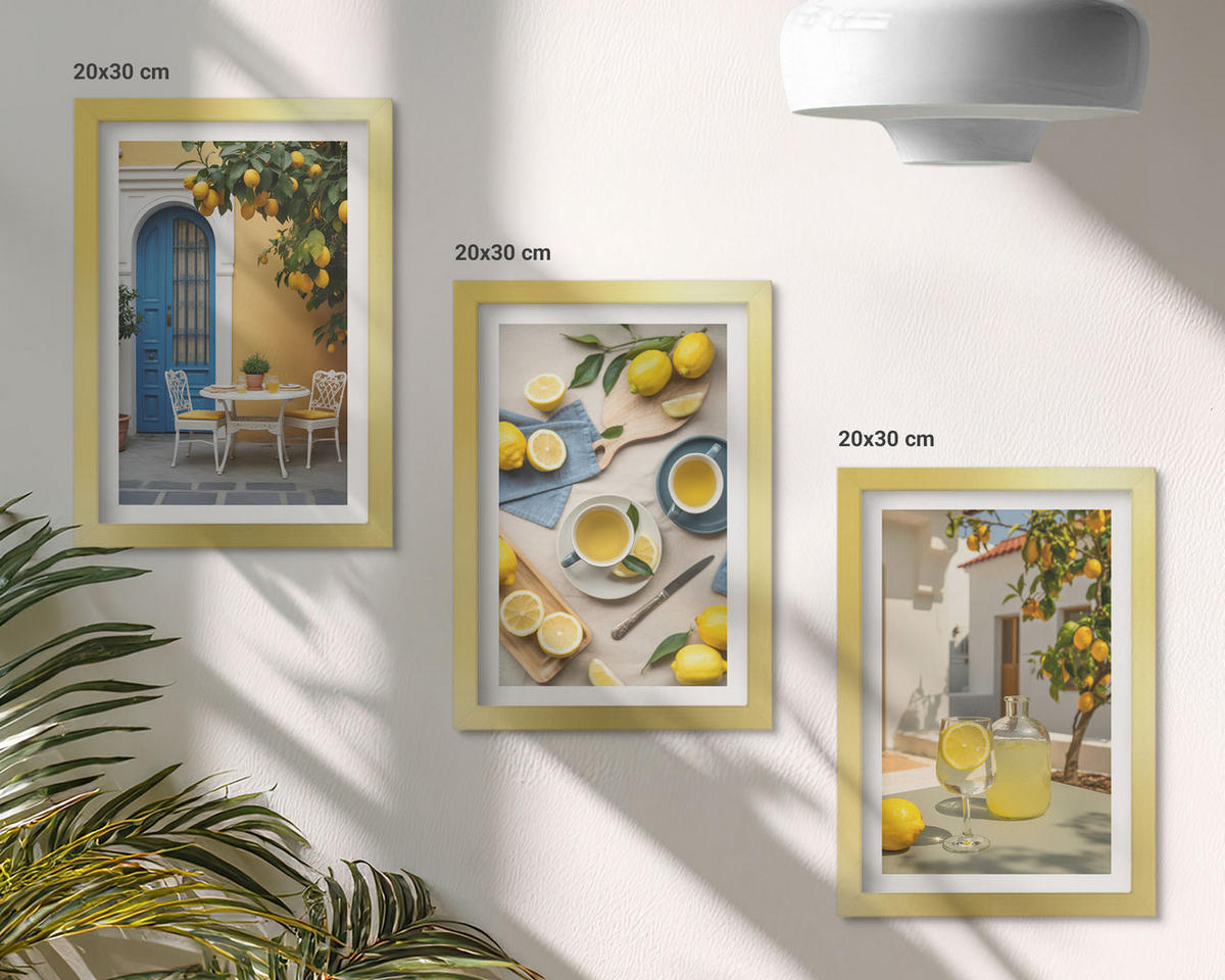 BILDER SET 3er Set - 20x30 cm Goldrahmen - Zitronenlimonade blaue Tür - Goldfarben, Kunststoff (20/30cm) - TULUP