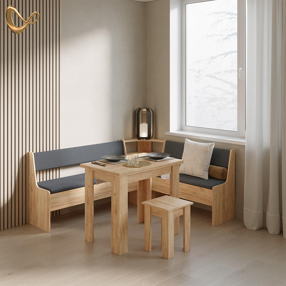 ECKBANKGRUPPE Tiberio Goldkraft Eiche 180 x 150 cm mit Tisch - Honigeiche, Holzwerkstoff (180/80/150cm) - Livinity®