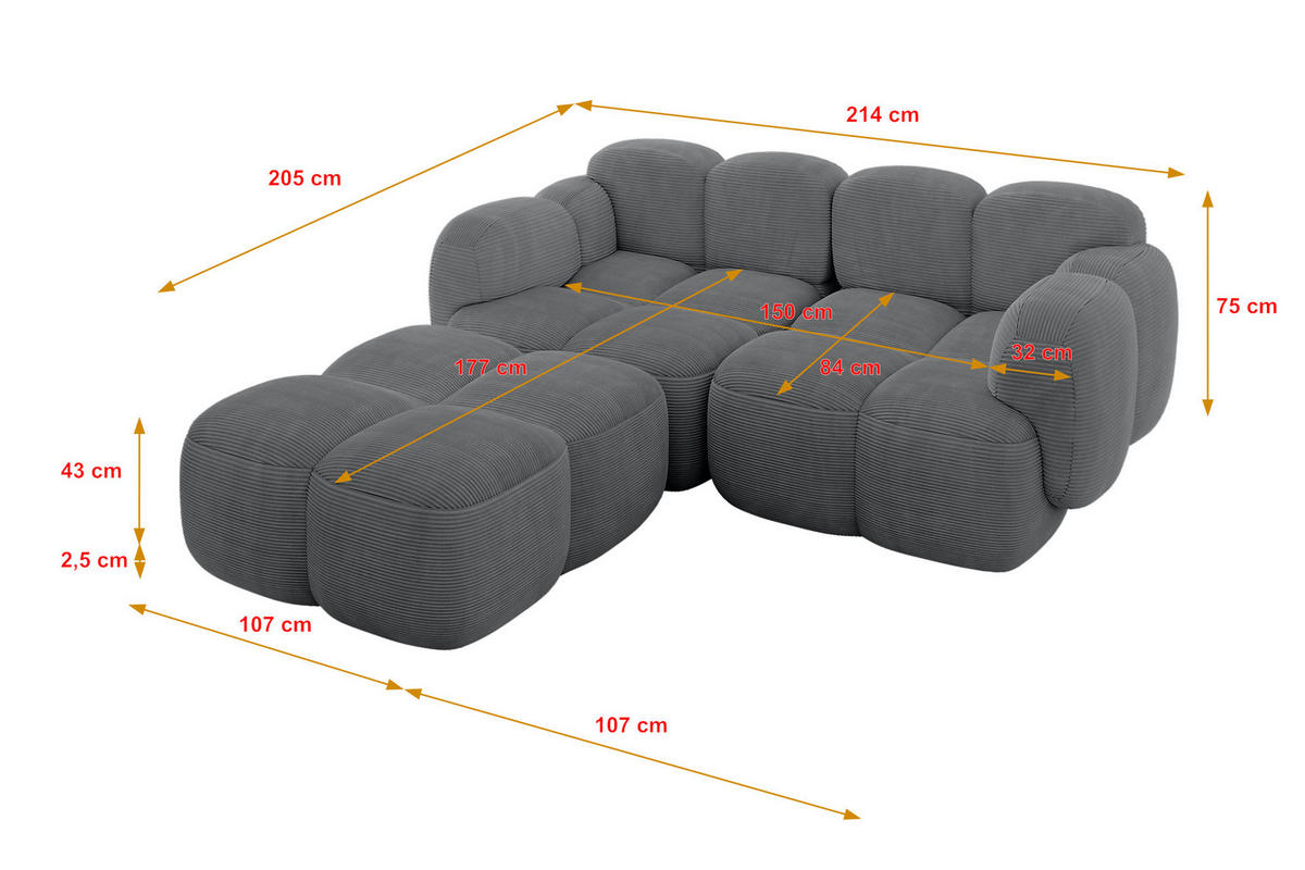 ECKSOFA modulares Sofa Links Miko-L1 214x205x75 Dunkelgrau Cord - Graphitfarben/Schwarz, Holzwerkstoff/Kunststoff (214/205cm) - ALTDECOR