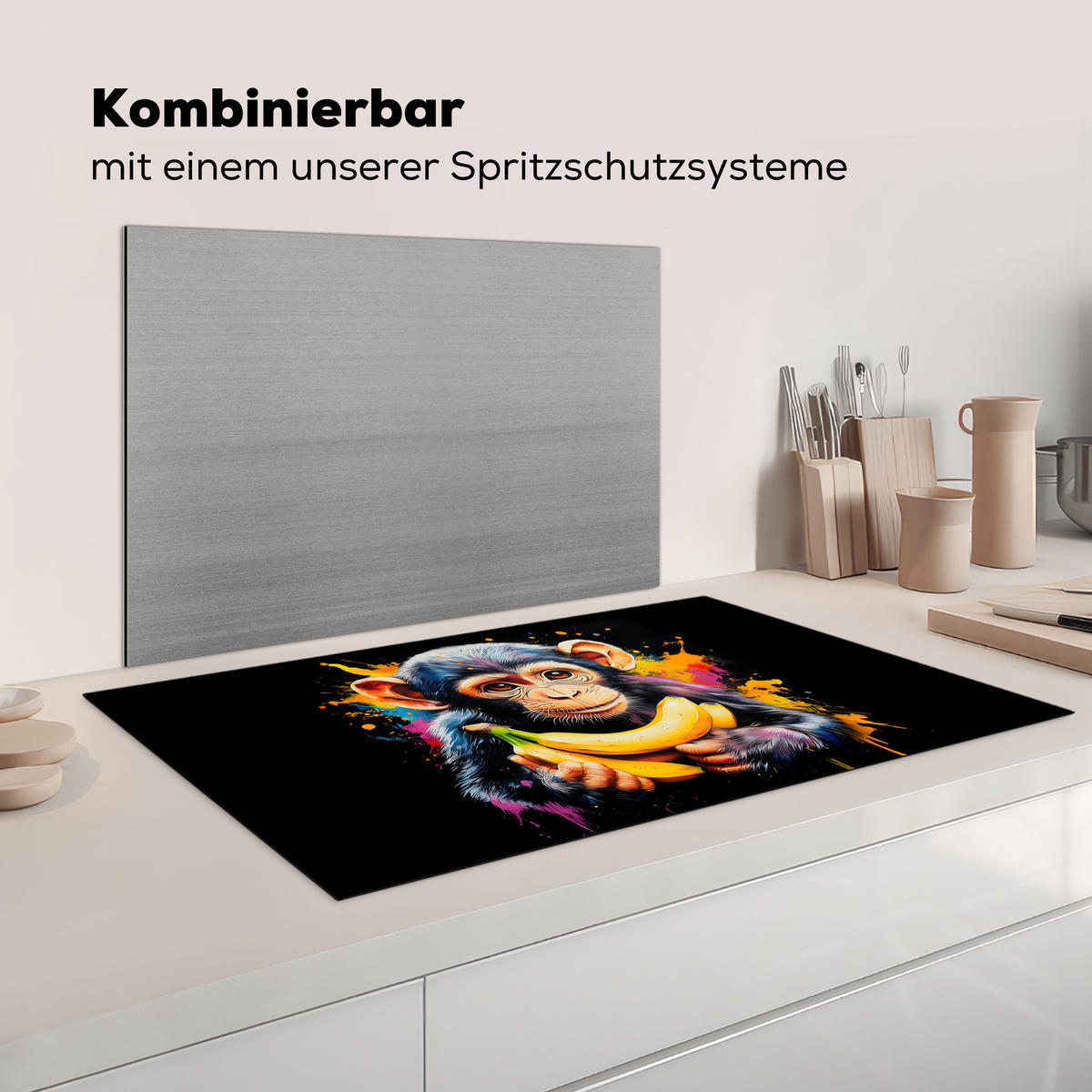 KRYT NA INDUKČNÍ DESKU Opice - Graffiti - Barevné - Banány - Moderní 90x52 cm - žlutá, plast (90/52/0.2cm) - MuchoWow