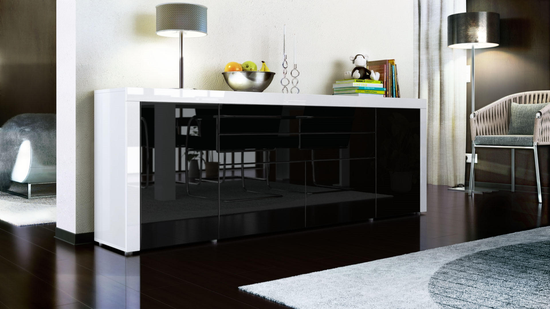 SIDEBOARD La Paz Schwarz Hochglanz / Weiß Hochglanz - Schwarz Hochglanz, Holzwerkstoff (200/72/35cm) - Vladon