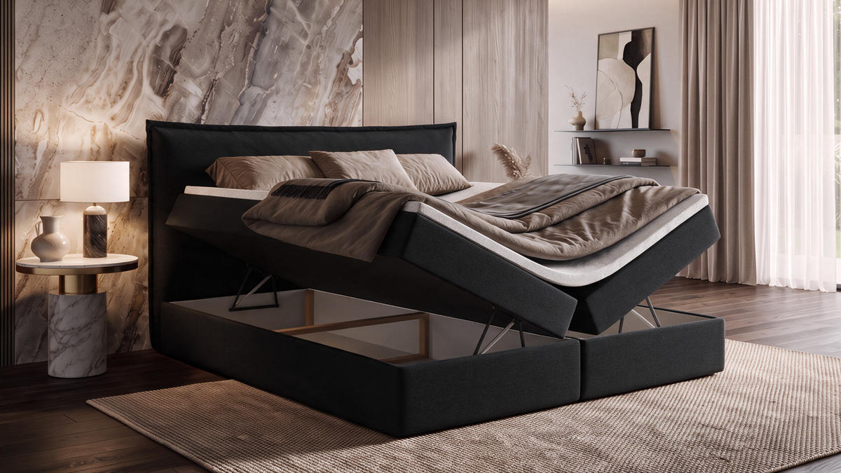 BOXBETT ARENO 200x200 cm Komplett-Set mit Bettkasten, Bonell-Matratze H3 und Topper - Schwarz - Schwarz, Textil (200/200cm) - Luxkor24