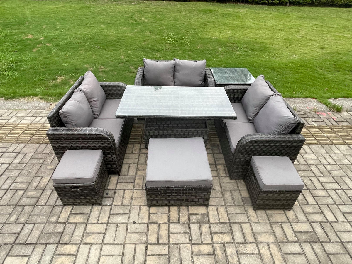 GARTENSOFA SET Polyrattan Dunkelgrau 9-Sitzer - Dunkelgrau, Metall - Fimous