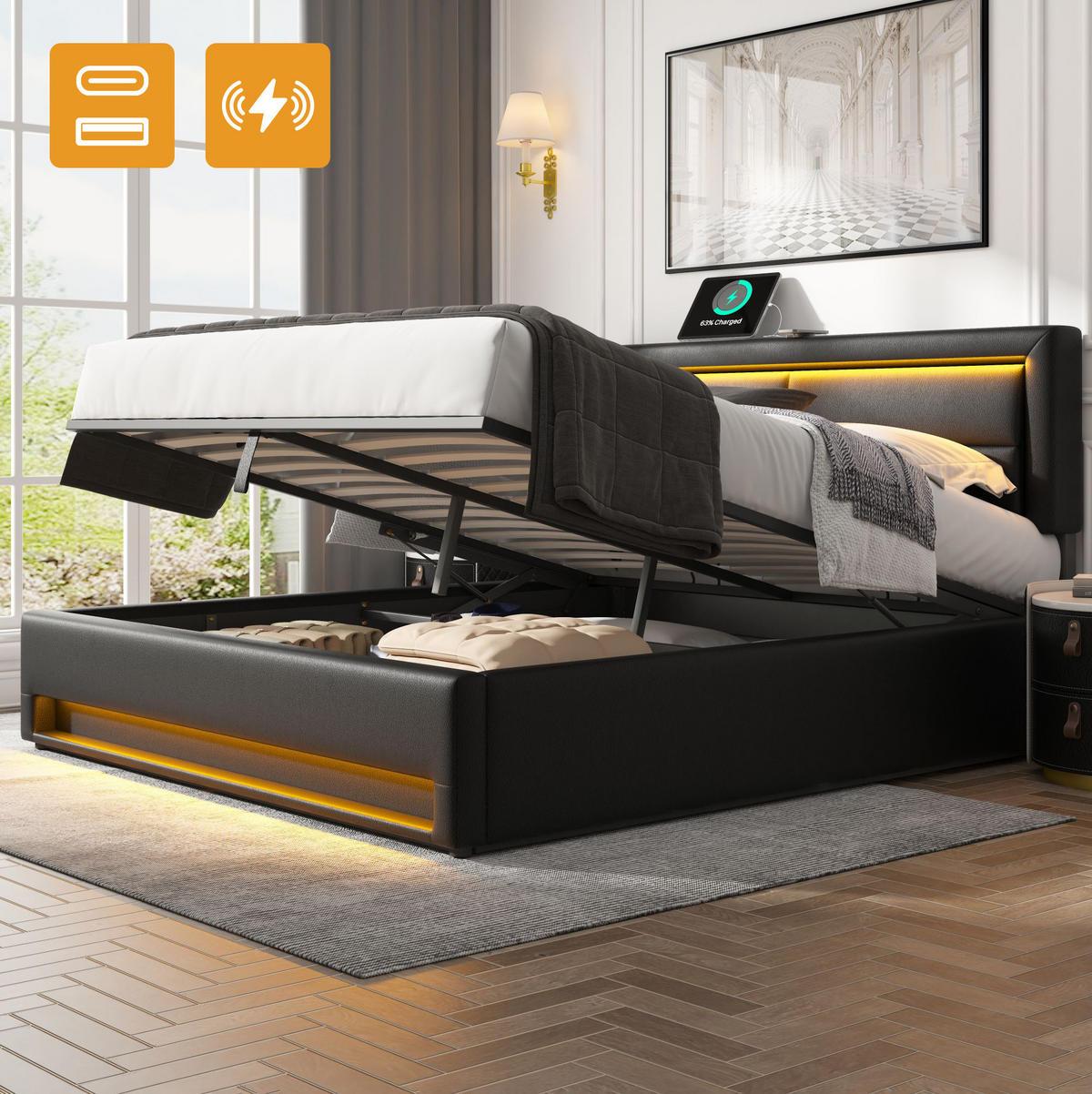 BETT mit Stauraum USB und LED 140x190 cm PU Black - Schwarz, Metall (140/190cm) - Meubliv