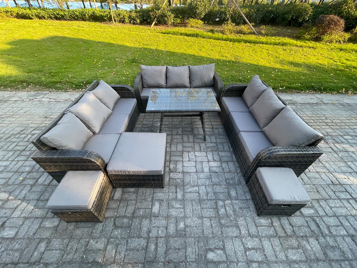 GARTENMÖBELSET mit ESSTISCH, 3-SITZER SOFA Polyrattan 12-Sitzer - Dunkelgrau/Grau, Glas/Kunststoff - Fimous