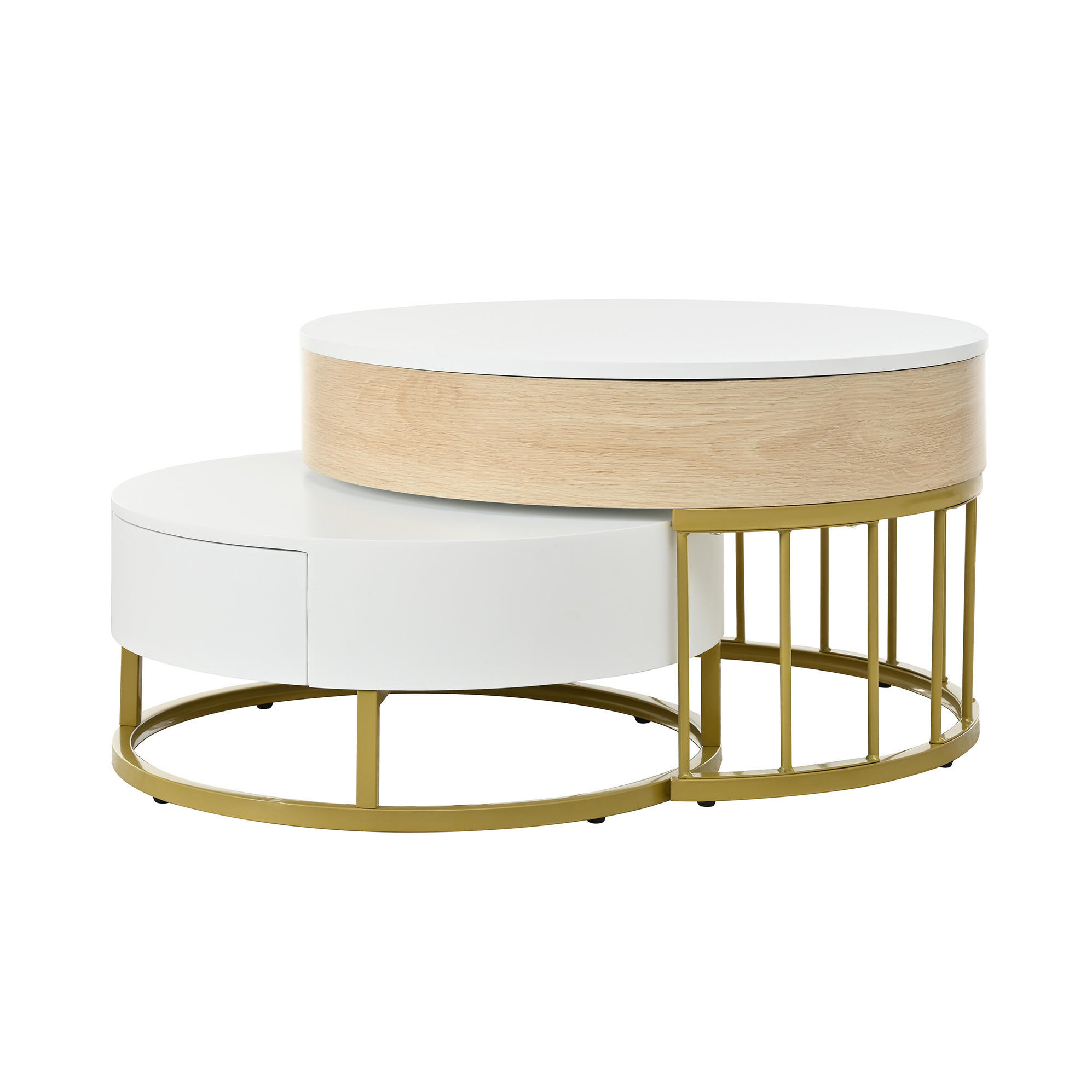 COUCHTISCH-KOMBINATION 70/70/56 + 60/60/27 cm in Weiß und Gold aus MDF mit Schublade - Weiß, Holzwerkstoff (70/70/56cm) - OKMYHOME