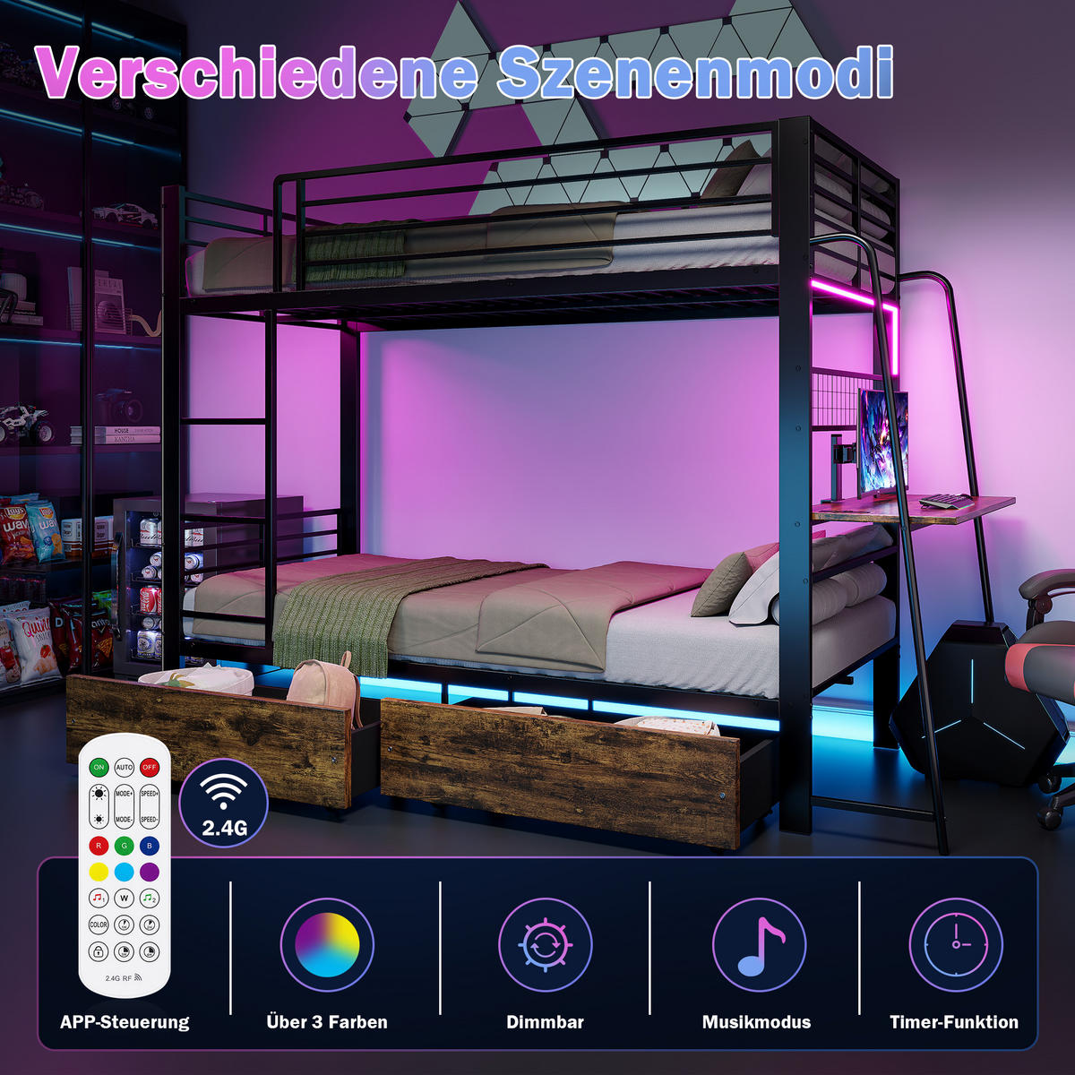 ETAGENBETT 90/200 cm DE-33081 mit Schreibtisch und LED Schwarz - Schwarz, Metall (90/200cm) - ComfortXL