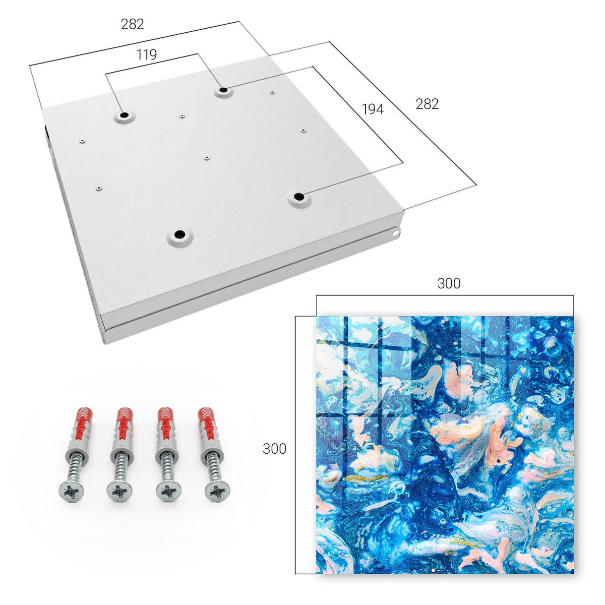 SCHLÜSSELBOX Weiß 30x30 cm – Türöffnung nach rechts - Bunte Wirbel - Blau, Metall (30/30/5cm) - TULUP