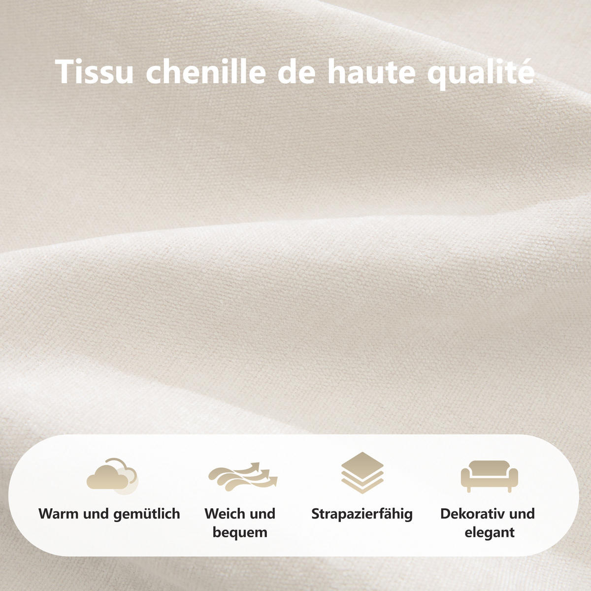 SOFA 204/95/76 cm in Hellbeige aus Chenille, rahmenlos und flexibel - Beige, Textil (95/76/204cm) - Flora Grace