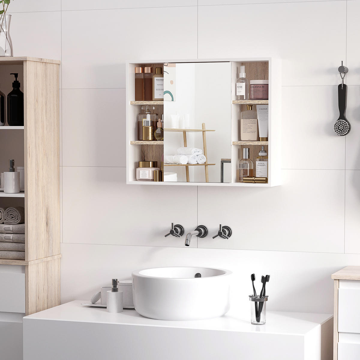 SPIEGELSCHRANK mit 3 Seitenablagen und verstellbarem Innenboden, 60 x 14,5 x 49,4 cm - Weiß, Glas (60/49.4/14.5cm) - Vallsero