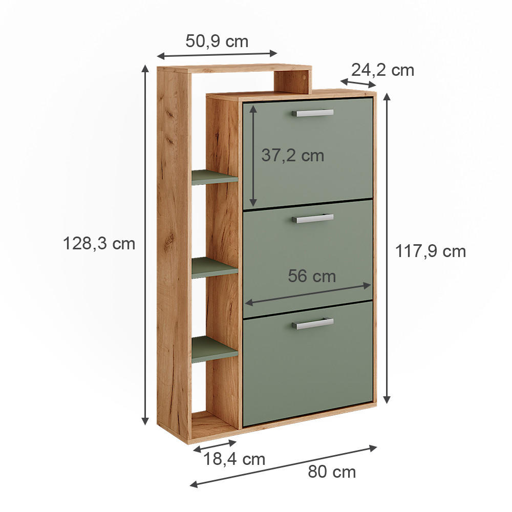 SCHUHKIPPER Orlando Goldkraft Eiche/Grün 80 x 128.3 cm mit 3 Fächern - Eichefarben/Grün, Holzwerkstoff (80/128.3/24.2cm) - Vicco