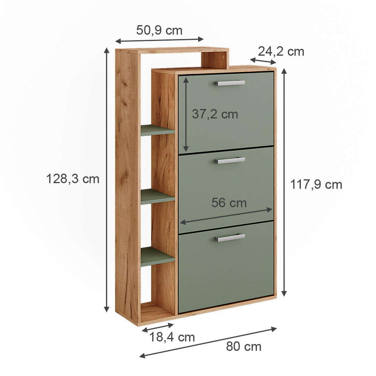 SCHUHKIPPER Orlando Goldkraft Eiche/Grün 80 x 128.3 cm mit 3 Fächern - Eichefarben/Grün, Holzwerkstoff (80/128.3/24.2cm) - Vicco