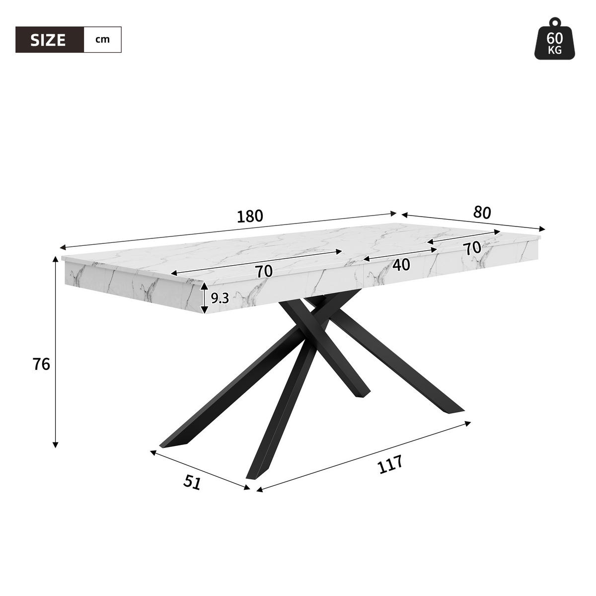 ESSTISCH in Weiß ausziehbarer Küchentisch mit verdickter Tischplatte und Metallbeinen für Esszimmer , B140-180/T80/H76cm - Schwarz/Weiß, Holzwerkstoff/Metall (80/180/76cm) - STILVORA