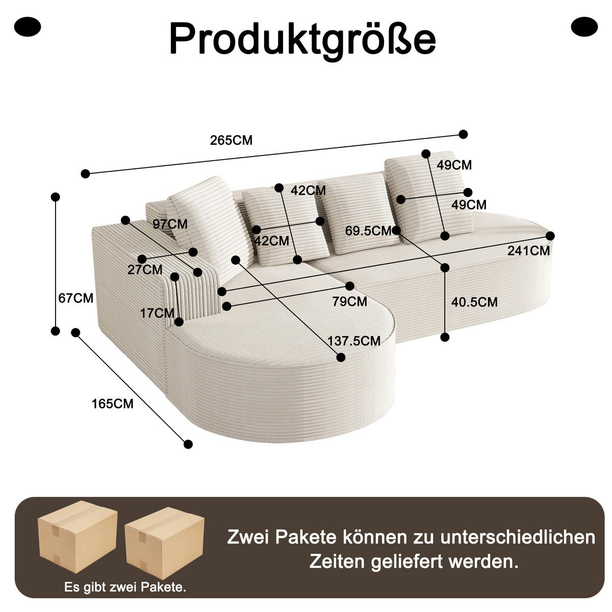 MODULARES Ecksofa Cord Sitzhöhe 40,5 cm 265/165/67 cm Weiß - Weiß, Textil (165/265cm) - Redom