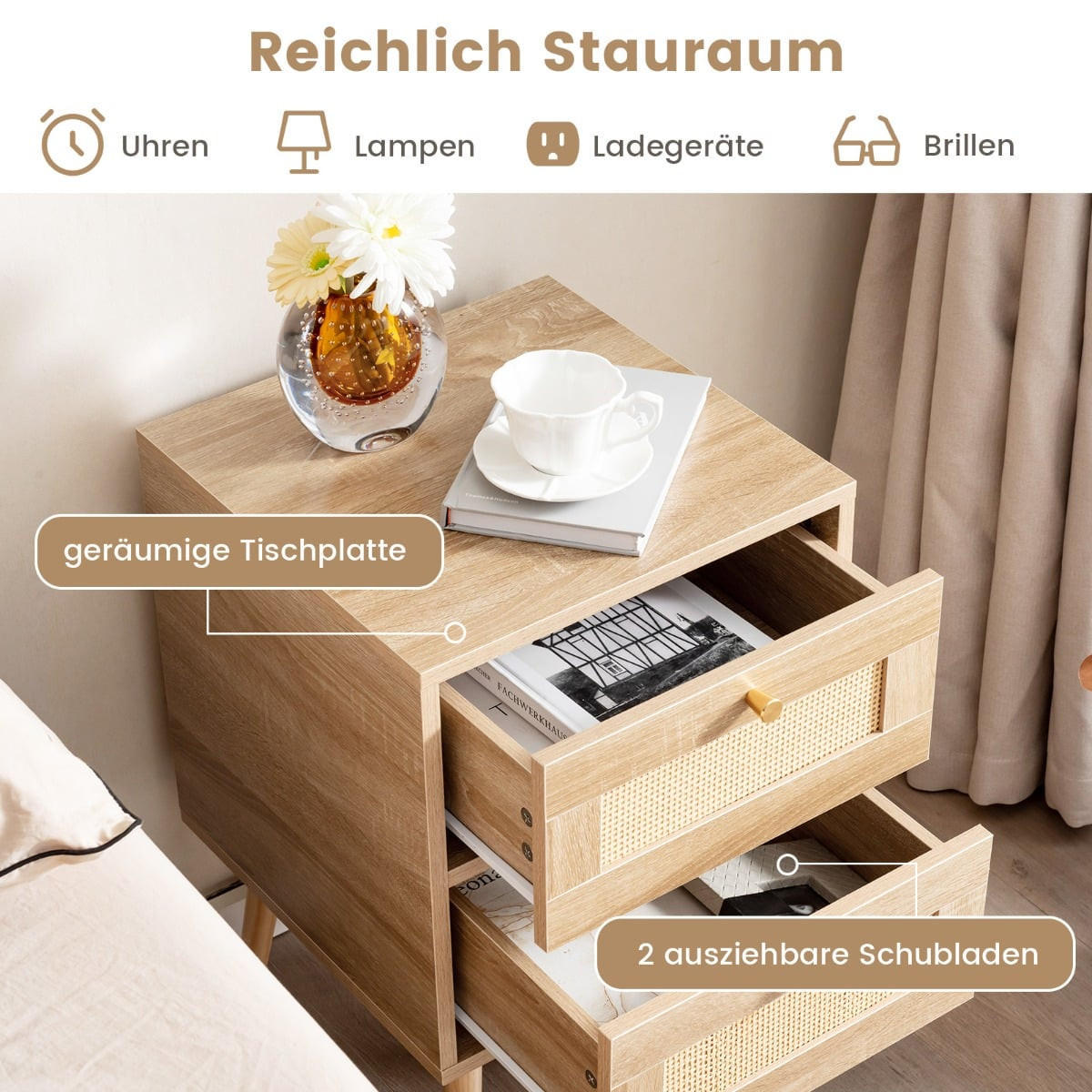 NACHTTISCHE im Boho-Stil, 2 Schubladen, Massivholzbeine - Goldfarben/Naturfarben, Holzwerkstoff/Metall (40/59/40cm) - DESIGN IN