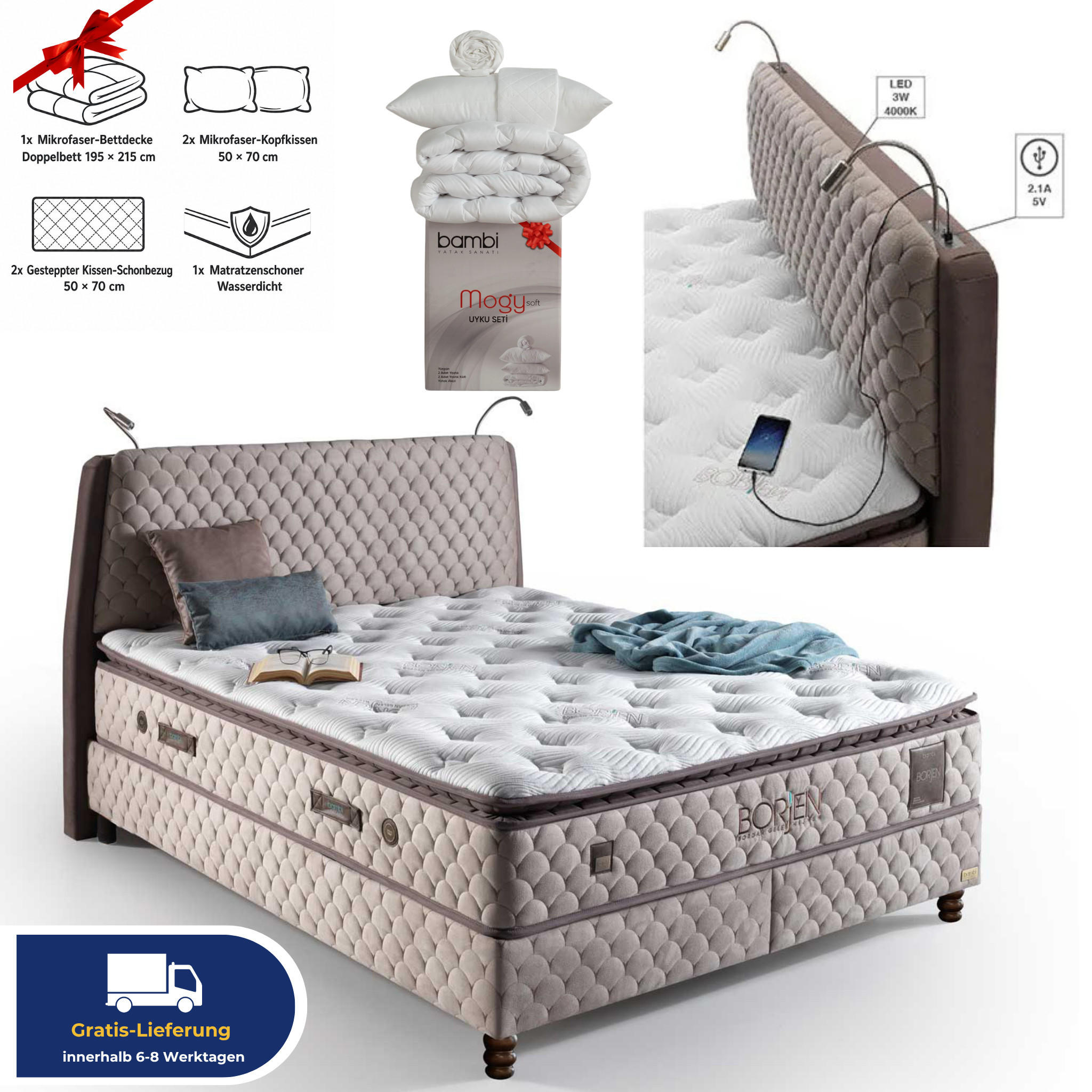 BOXSPRINGBETT Bambi Bett mit Matratze Boxspringbett 90x200 Borjen Set LED - Beige, Holz/Metall (90/200cm) - Bambi