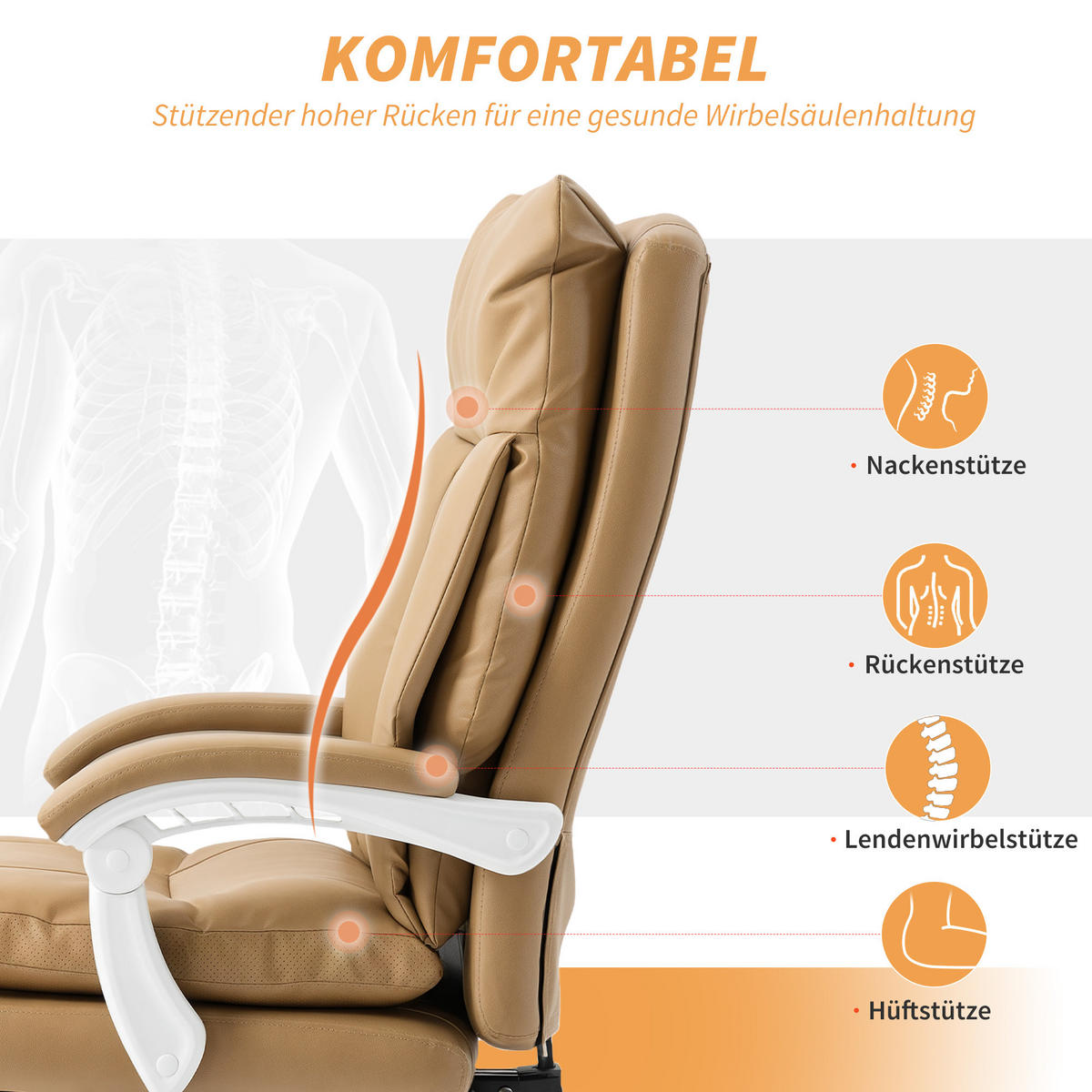 BÜROSTUHL Ergonomischer Schreibtischstuhl mit Lendenwirbelstütze, Fußstütze - Hellbraun/Silberfarben, Kunststoff/Metall (65/121/76cm) - HOMCOM