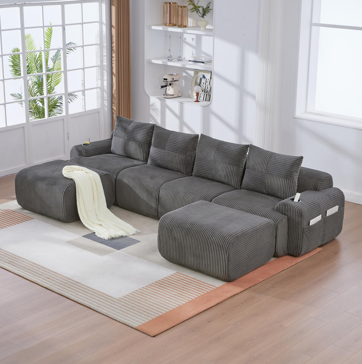 WOHNLANDSCHAFT Modulares 4-Sitzer Sofa 333/174/80 cm dunkelgrau aus Cord mit Getränkehalter und Aufbewahrungstasche - Dunkelgrau, Textil (174/80/333cm) - Modenvie