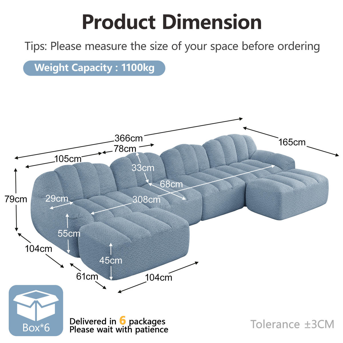 4-SITZER Sofa 366x165x79 cm aus granuliertem Fleece rahmenlos modular mit 2 Ottomans, blau - Blau, Textil (165/79/366cm)