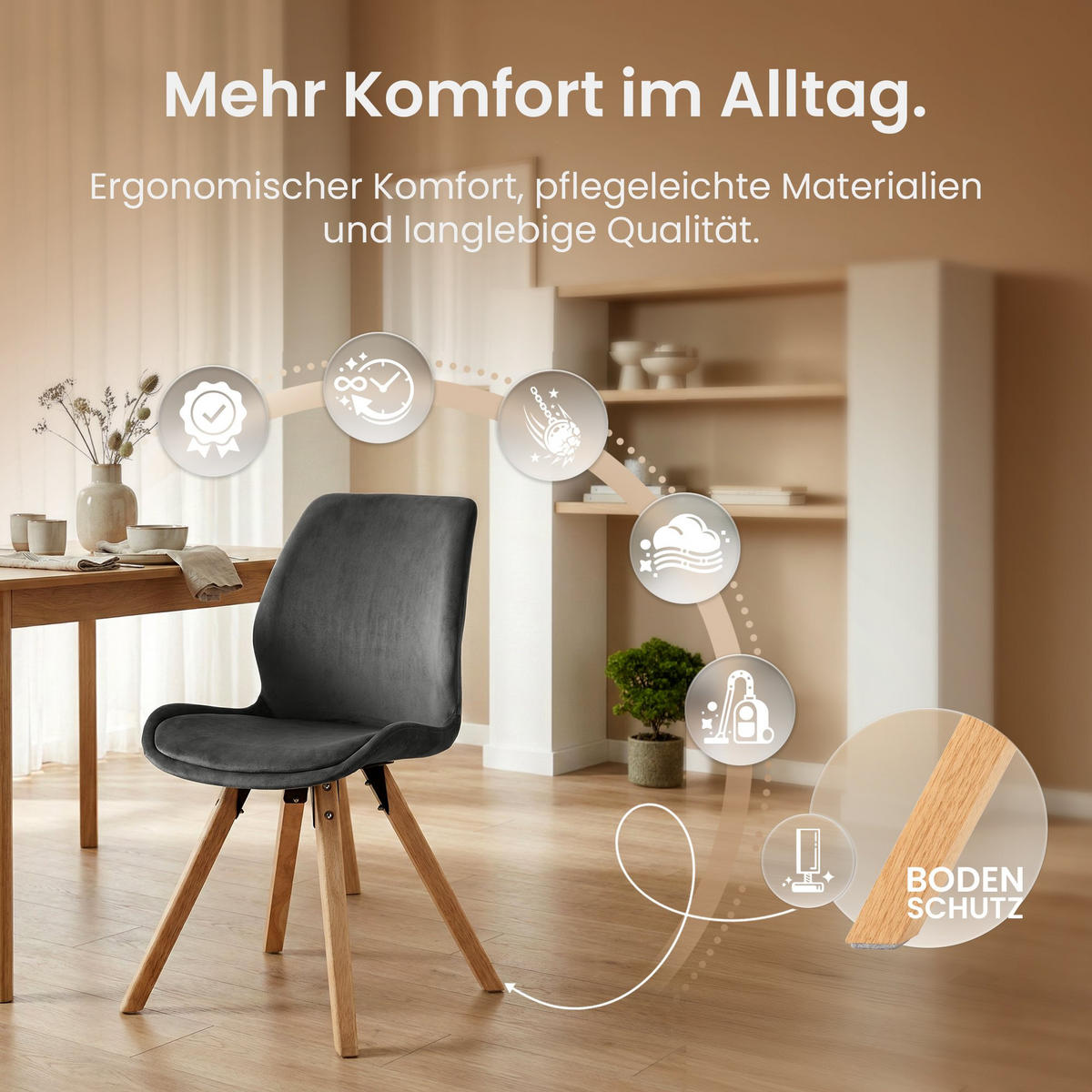 STUHL Samt Dunkelgrau - Eukalyptusholzfarben/Dunkelgrau, Holz/Textil (49/87/58cm) - CLP